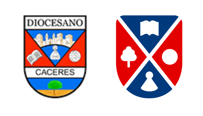 El antiguo escudo junto con la nueva logomarca del Colegio Diocesano de Cáceres.